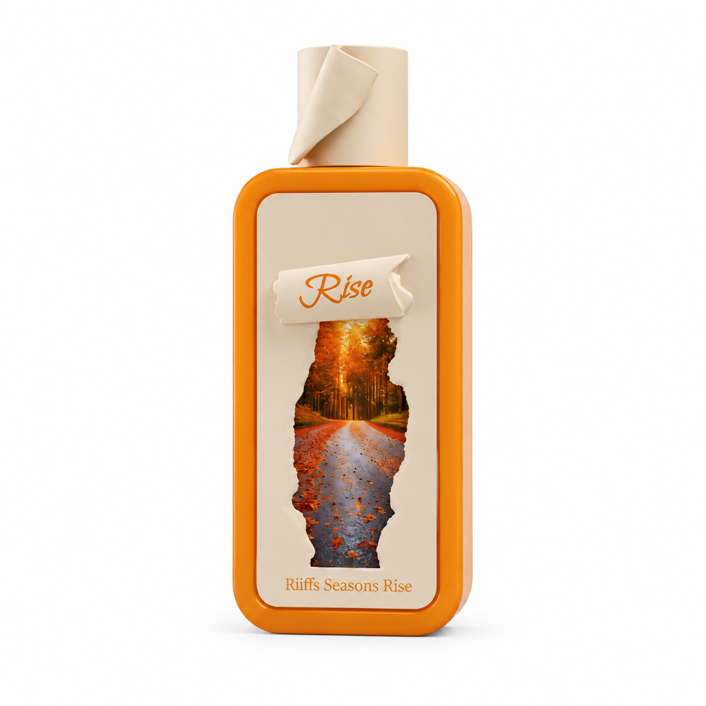 Riiffs Seasons Rise orange fragrance bottle with autumn artwork on a white background.