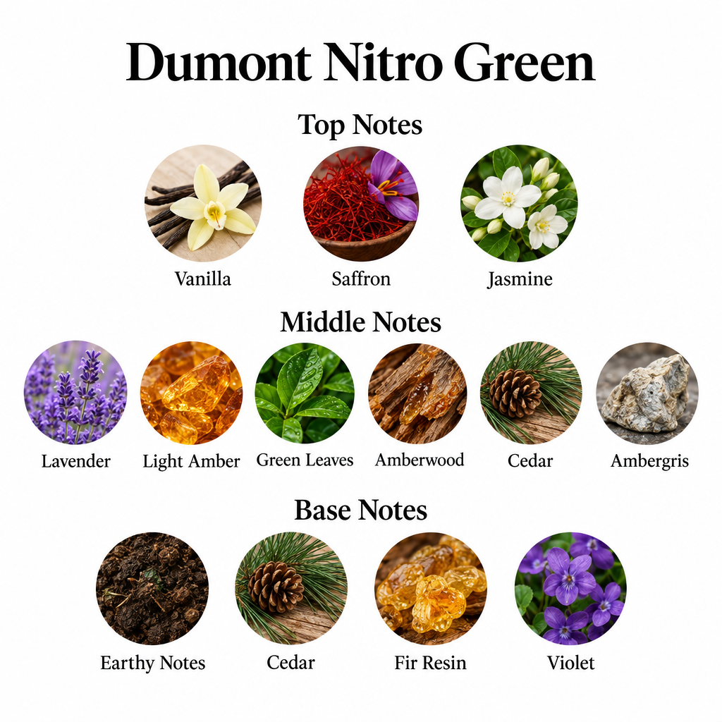 Dumont Nitro Green notes card showing top, middle, and base fragrance notes