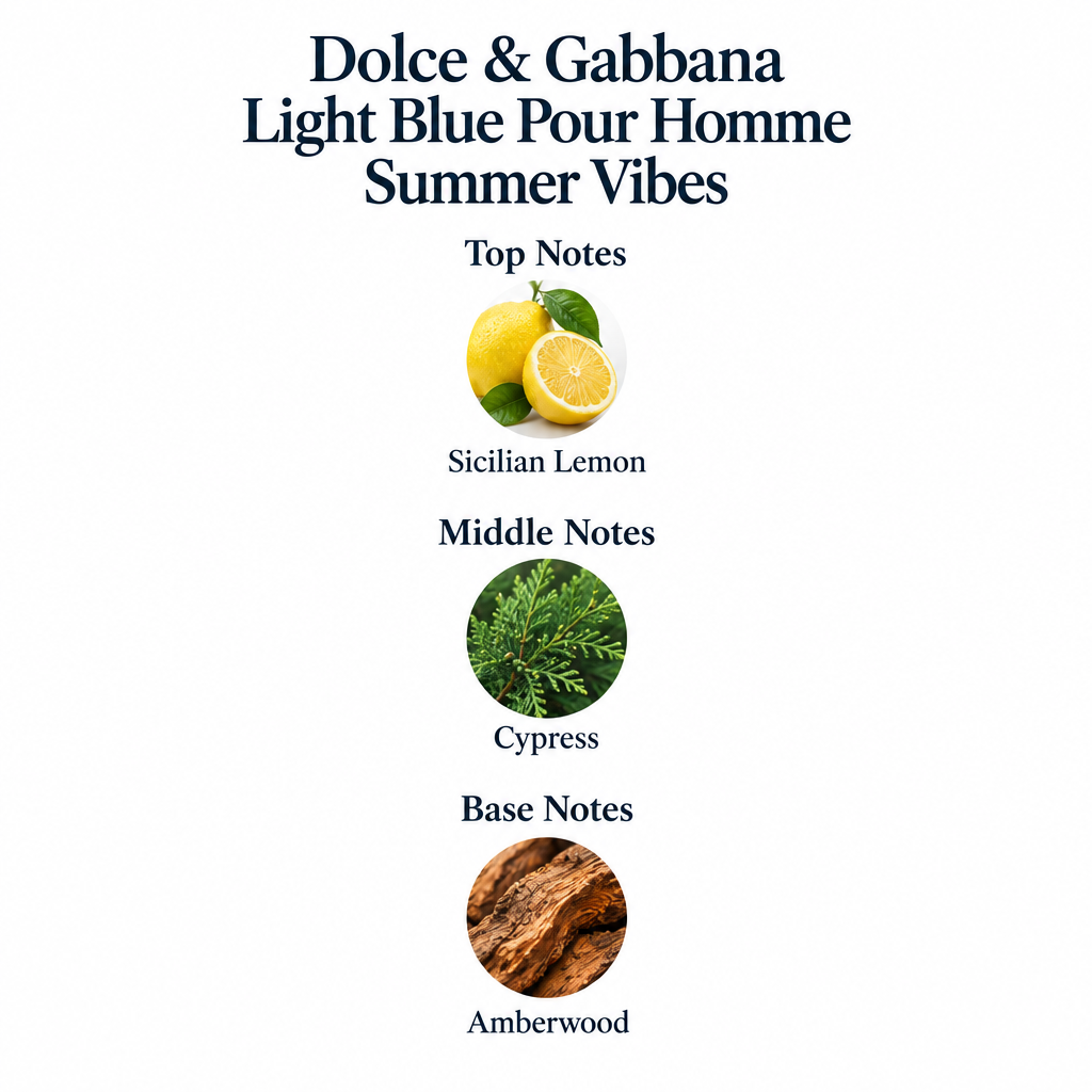Dolce & Gabbana Light Blue Pour Homme Summer Vibes notes: Sicilian lemon, cypress, amberwood.