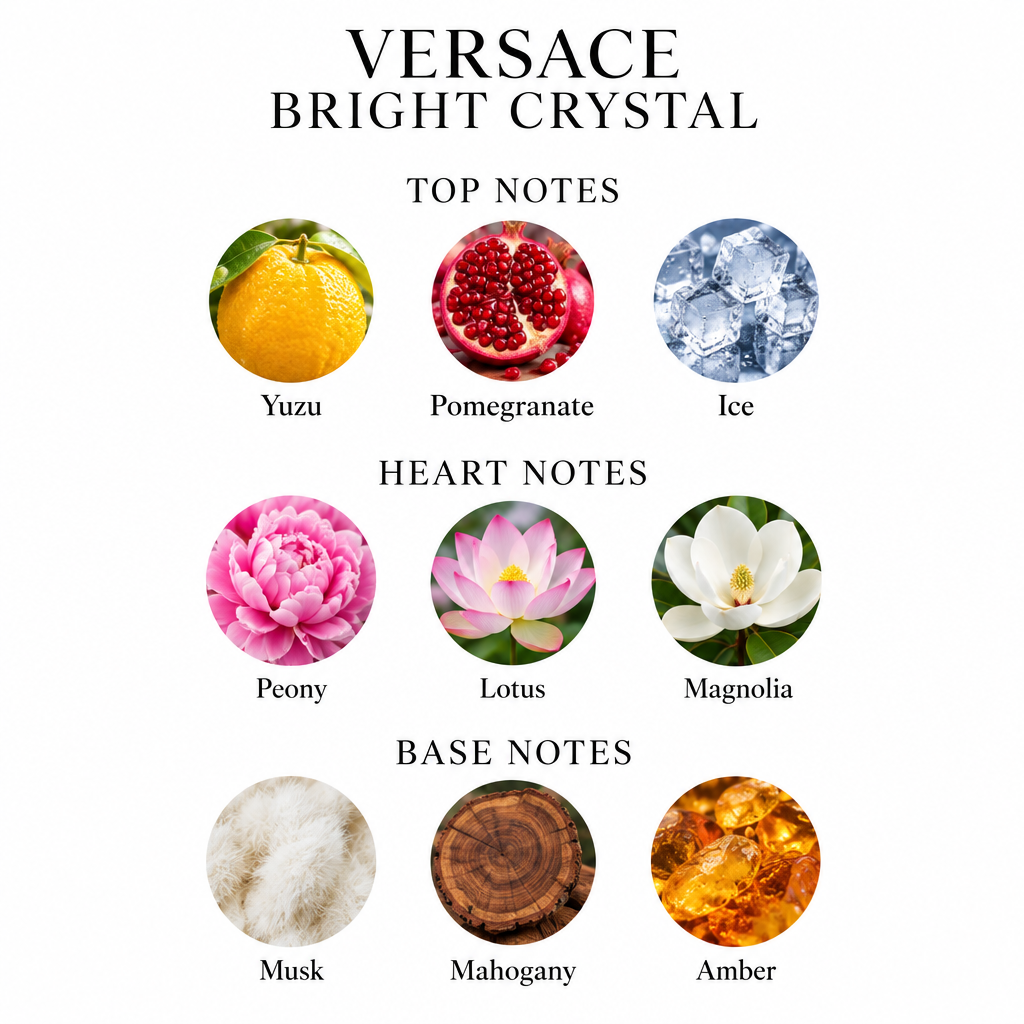Versace Bright Crystal notes: yuzu, pomegranate, ice, peony, lotus, magnolia, musk, mahogany and amber