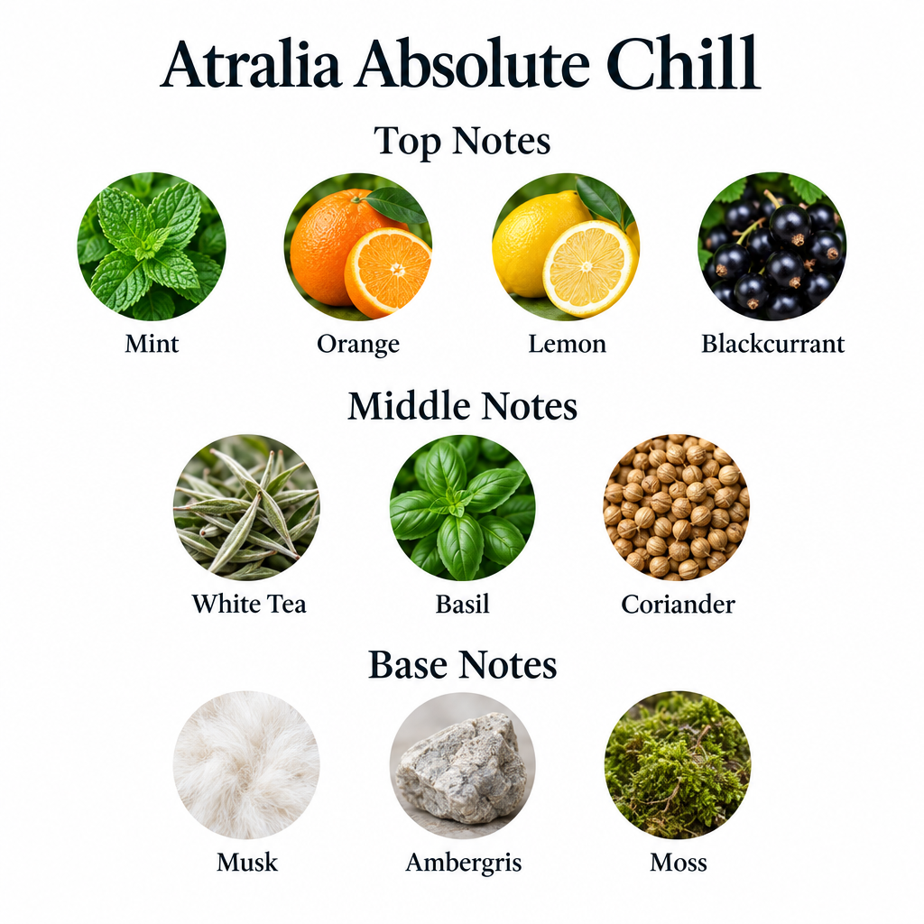 Atralia Absolute Chill notes: mint, orange, lemon, blackcurrant; white tea, basil, coriander; musk, ambergris, moss.