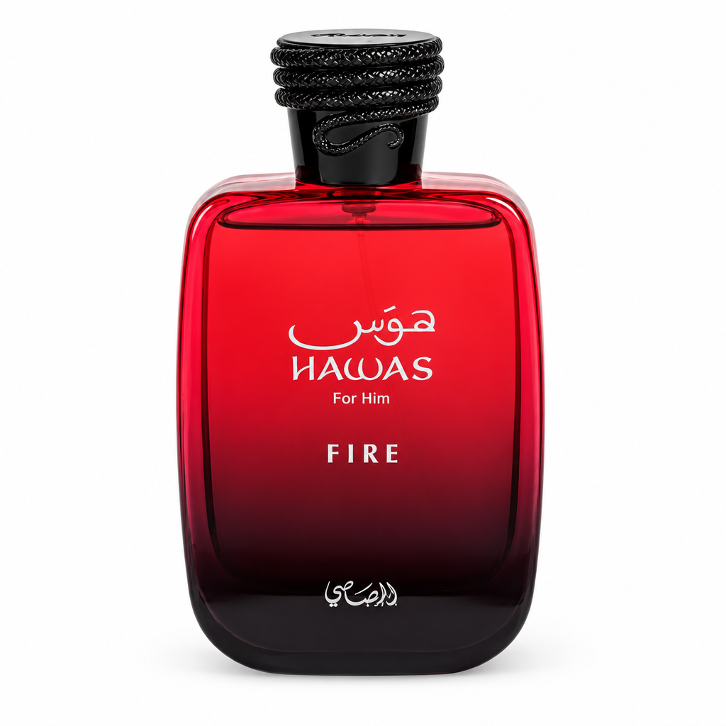 Rasasi Hawas Fire bottle close-up on a pure white background