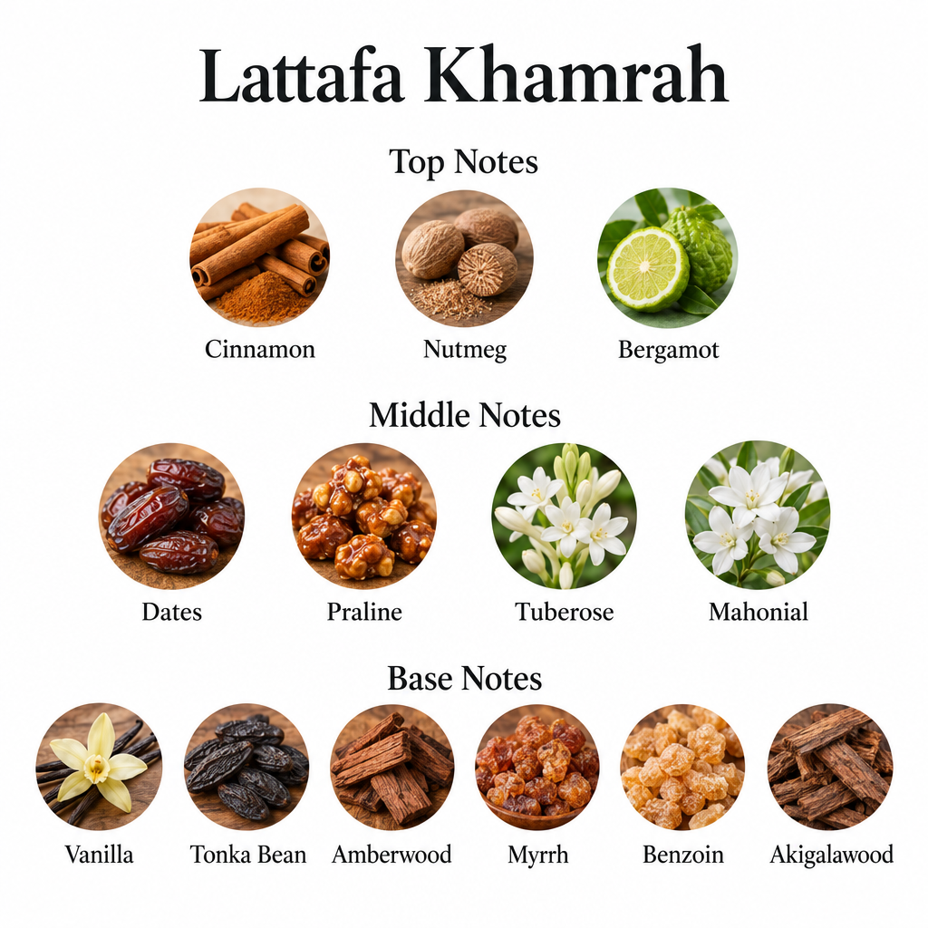 Lattafa Khamrah notes: cinnamon, nutmeg, bergamot; dates, praline, tuberose, Mahonial; vanilla, tonka bean, amberwood, myrrh, benzoin, Akigalawood.