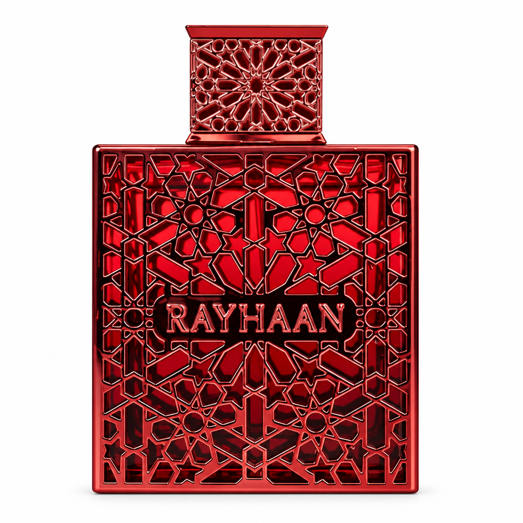 Rayhaan Crimson red fragrance bottle with geometric lattice on a white background.