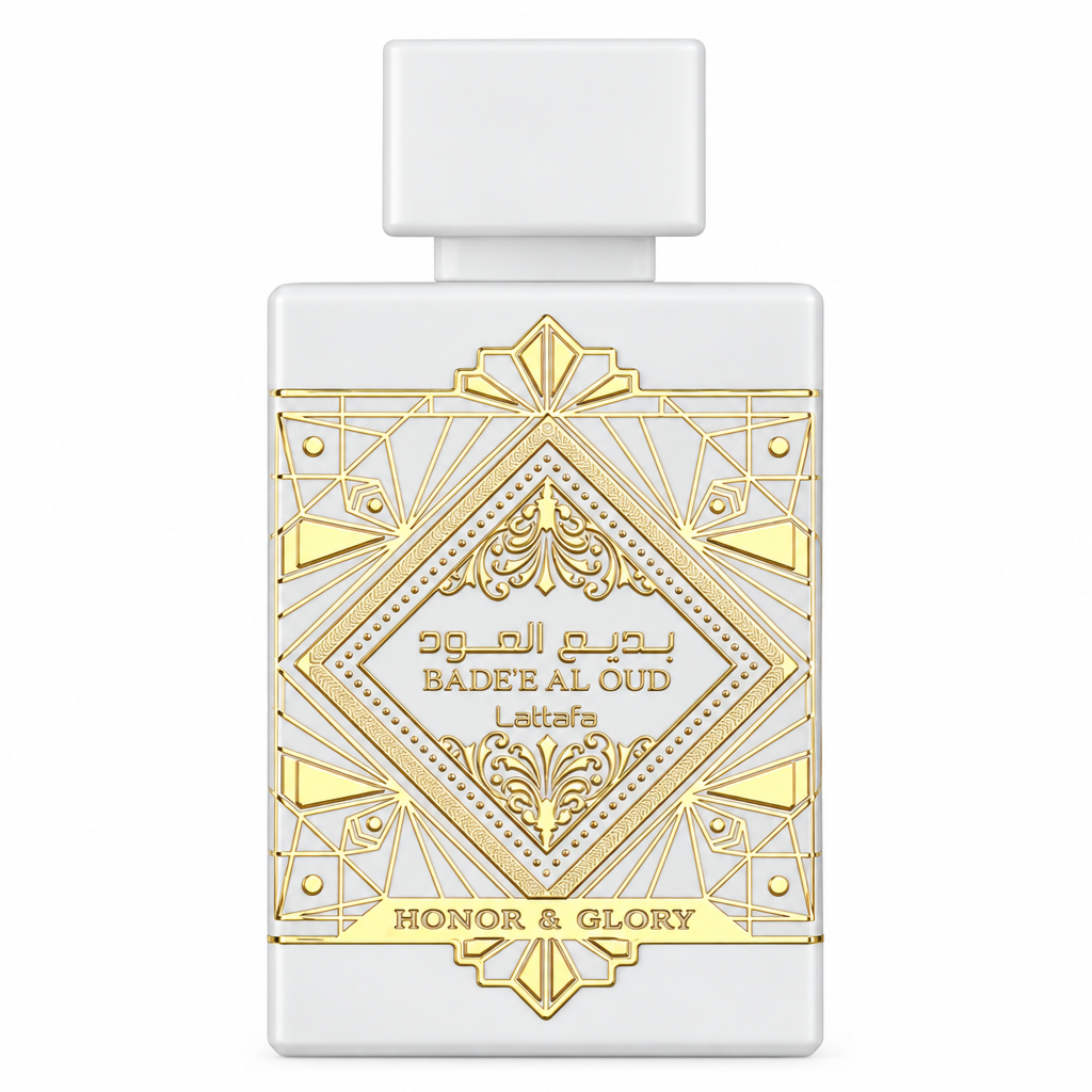 Lattafa Bade'e Al Oud Honor & Glory white bottle with gold geometric detailing centered on white.