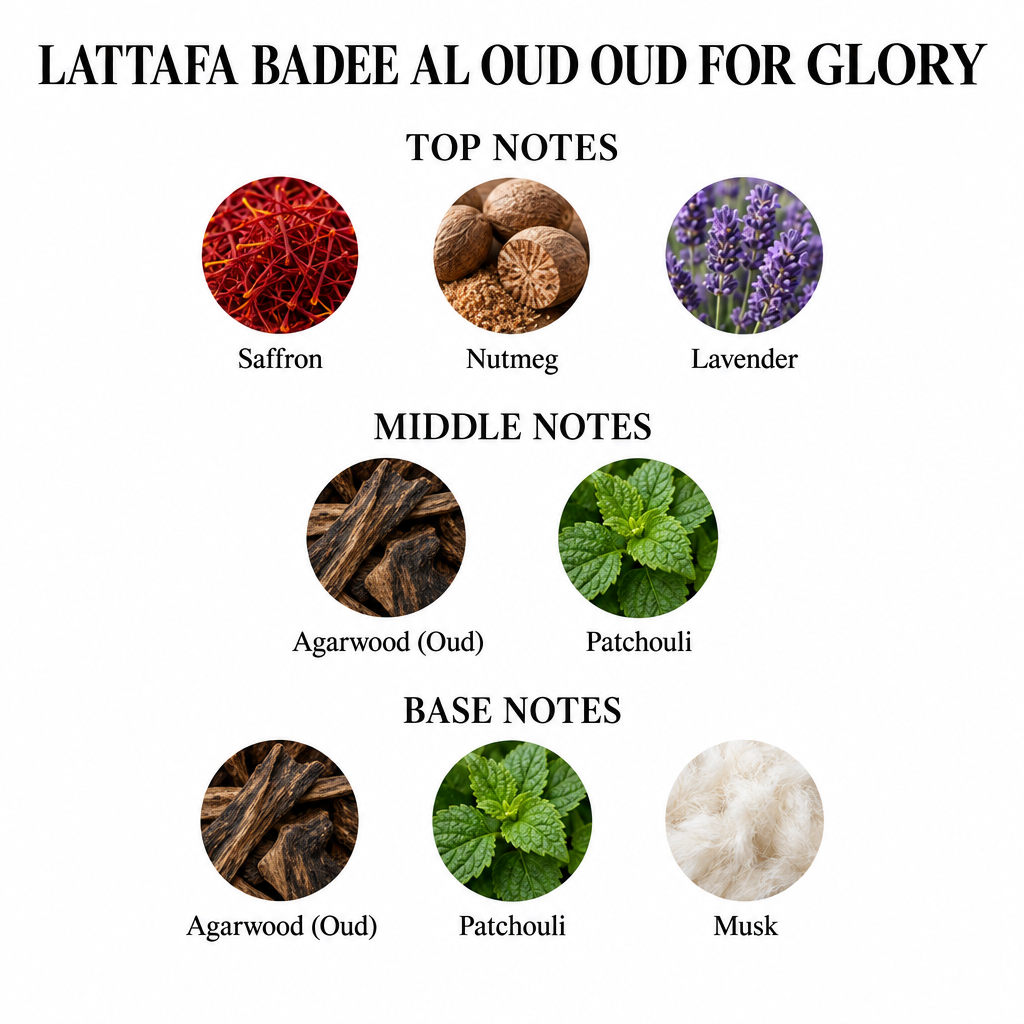Lattafa Badee Al Oud Oud For Glory notes card: Top Saffron, Nutmeg, Lavender; Heart Agarwood (Oud), Patchouli; Base Agarwood (Oud), Patchouli, Musk
