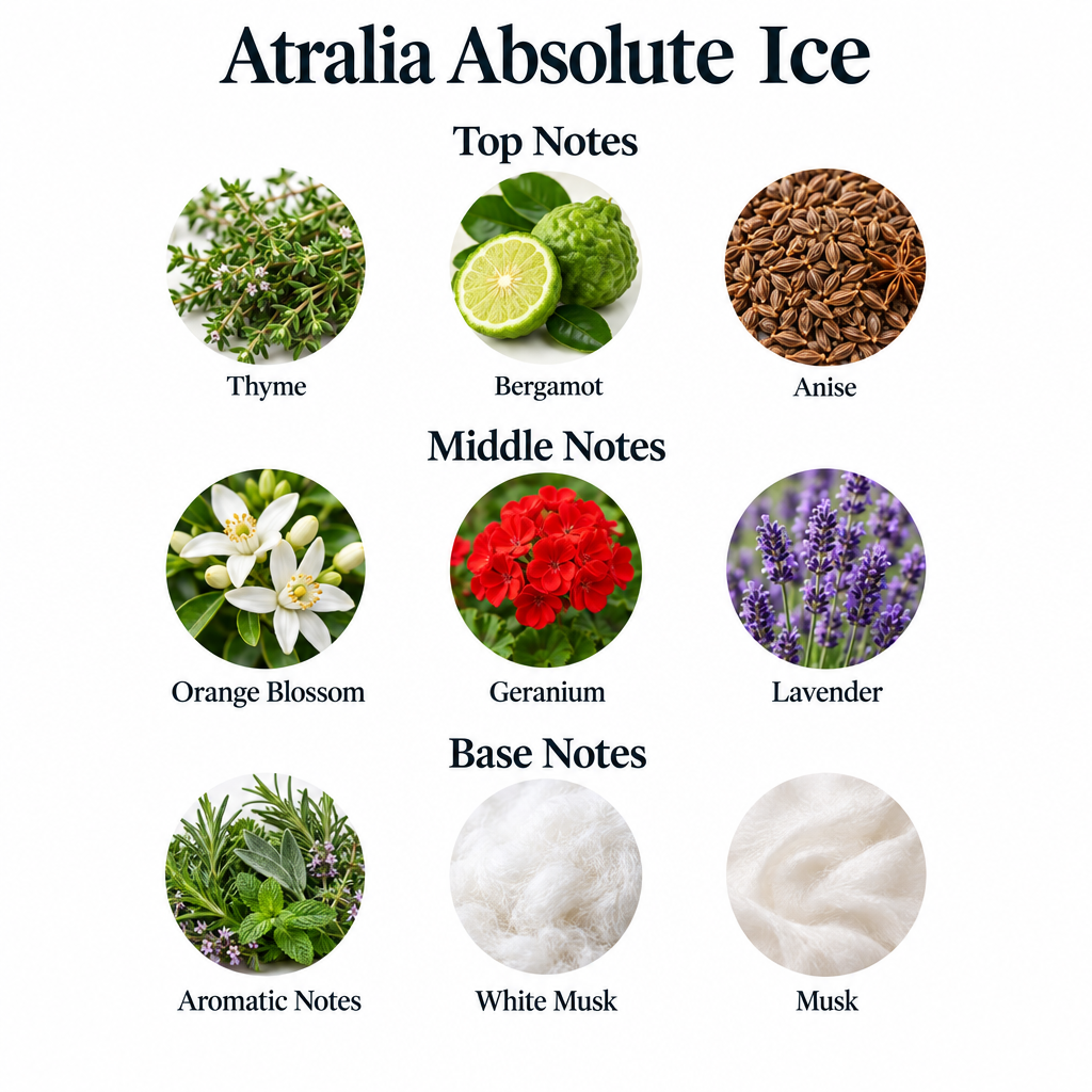 Atralia Absolute Ice notes: thyme, bergamot, anise; orange blossom, geranium, lavender; aromatic notes, white musk, musk.