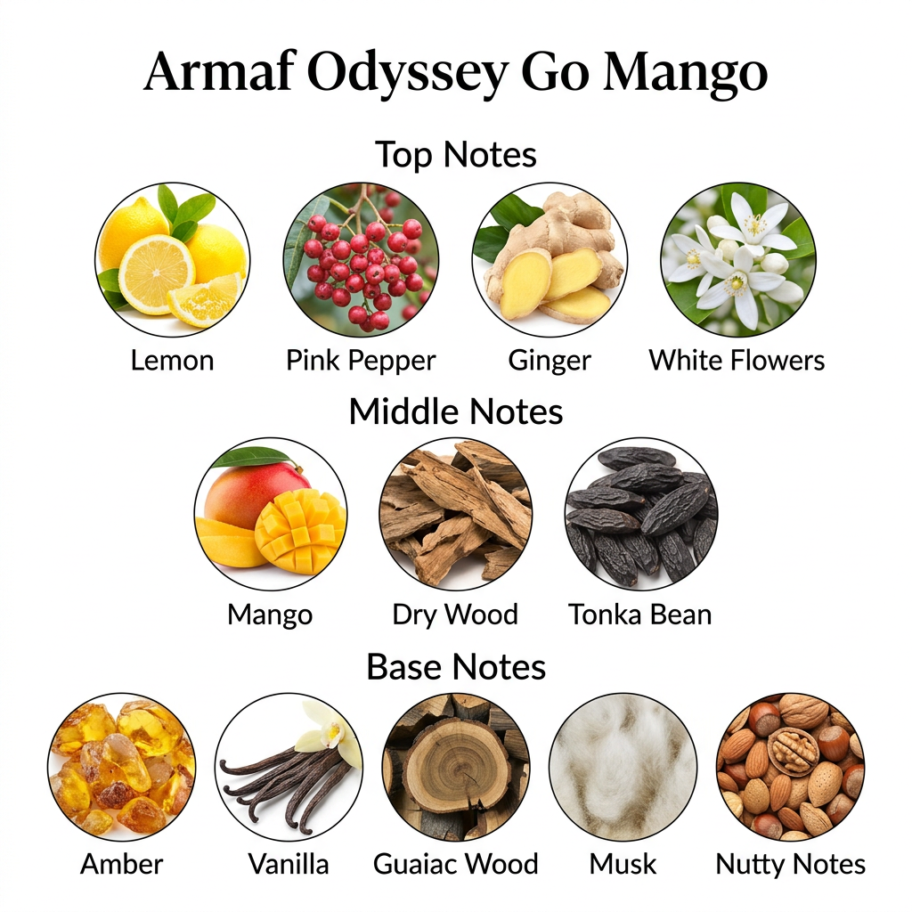 Armaf Odyssey Go Mango notes: lemon, pink pepper, ginger, white flowers, mango, dry wood, tonka bean, amber, vanilla, guaiac wood, musk and nutty notes.