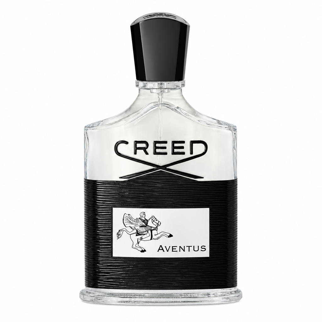 Creed Aventus bottle with black cap and horse-and-rider label centered on white.
