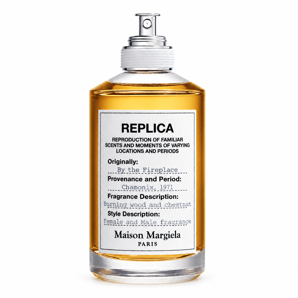 Maison Margiela Replica By the Fireplace fragrance bottle on a white background.