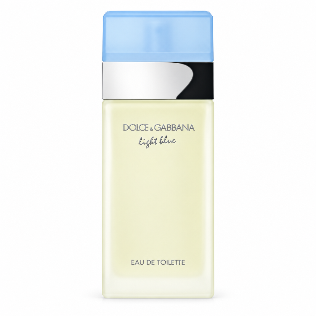 Dolce & Gabbana Light Blue Eau de Toilette pale yellow rectangular bottle with blue cap and silver collar, centered on white.