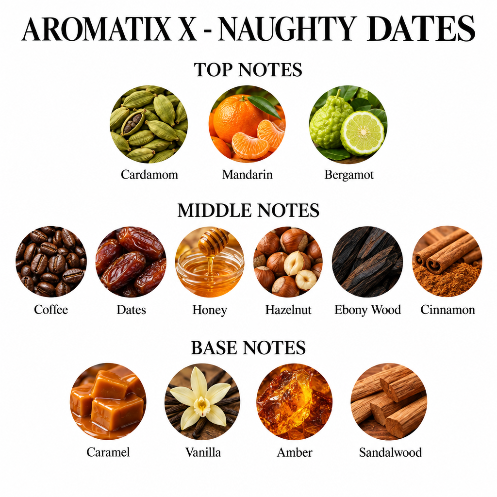 Aromatix X - Naughty Dates notes card: Top: cardamom, mandarin, bergamot; Middle: coffee, dates, honey, hazelnut, ebony wood, cinnamon; Base: caramel, vanilla, amber, sandalwood