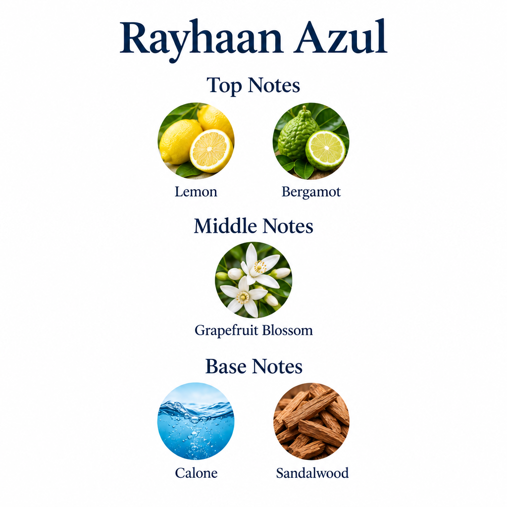 Rayhaan Azul notes: lemon, bergamot; grapefruit blossom; Calone, sandalwood.