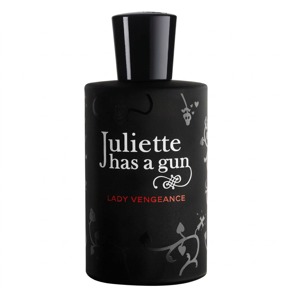 Juliette Has a Gun Lady Vengeance black perfume bottle centered on a white background.