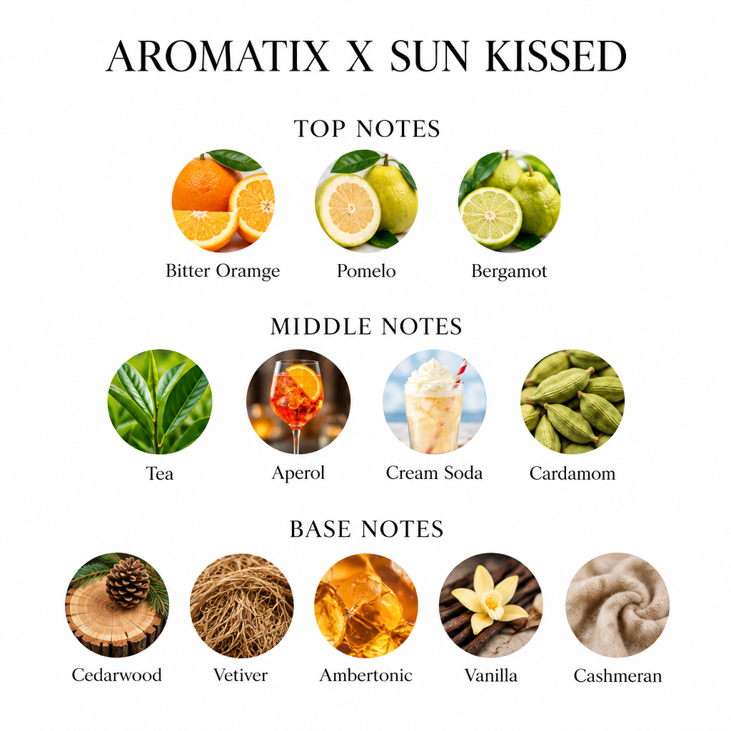 Aromatix X Sun Kissed notes card with bitter orange, pomelo, bergamot, tea, Aperol, cream soda, cardamom, cedarwood, vetiver, Ambertonic, vanilla and cashmeran