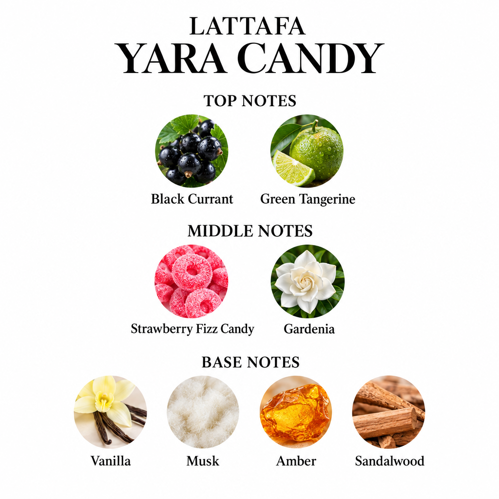 Lattafa Yara Candy notes card with black currant, green tangerine, strawberry fizz candy, gardenia, vanilla, musk, amber and sandalwood