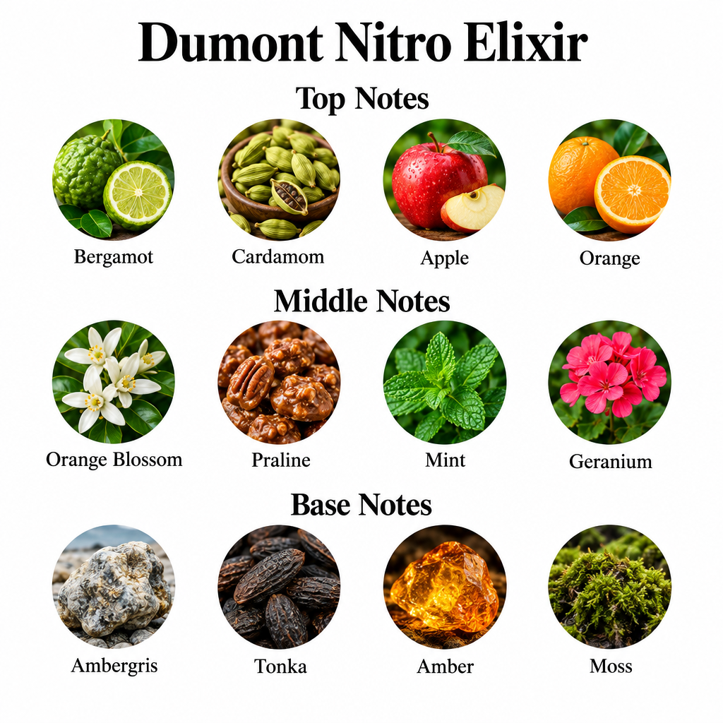 Dumont Nitro Elixir fragrance notes: bergamot, cardamom, apple, orange; orange blossom, praline, mint, geranium; ambergris, tonka, amber, moss.