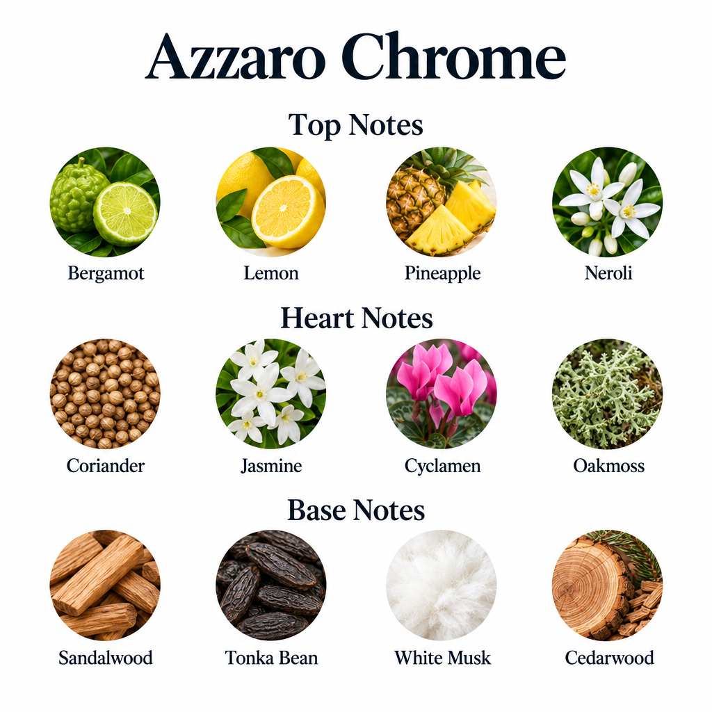 Azzaro Chrome notes: bergamot, lemon, pineapple, neroli; coriander, jasmine, cyclamen, oakmoss; sandalwood, tonka bean, white musk, cedarwood.