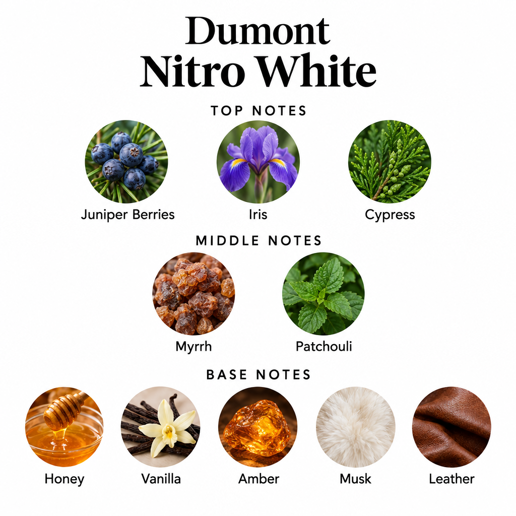 Dumont Nitro White notes card: Juniper Berries, Iris, Cypress; Myrrh, Patchouli; Honey, Vanilla, Amber, Musk, Leather.