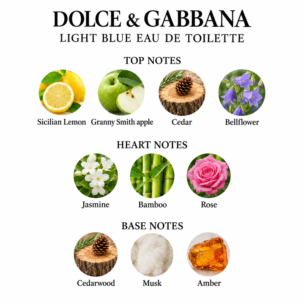 Light Blue notes: Sicilian lemon, Granny Smith apple, cedar, bellflower, jasmine, bamboo, rose, cedarwood, musk and amber