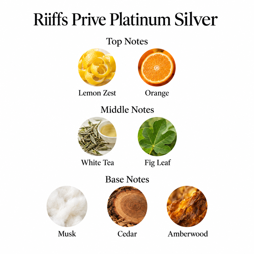 Prive Platinum Silver notes: lemon zest, orange; white tea, fig leaf; musk, cedar, amberwood.