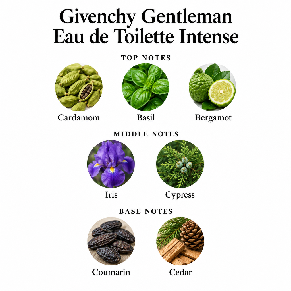 Givenchy Gentleman Eau de Toilette Intense notes card showing all seven top, middle, and base fragrance notes