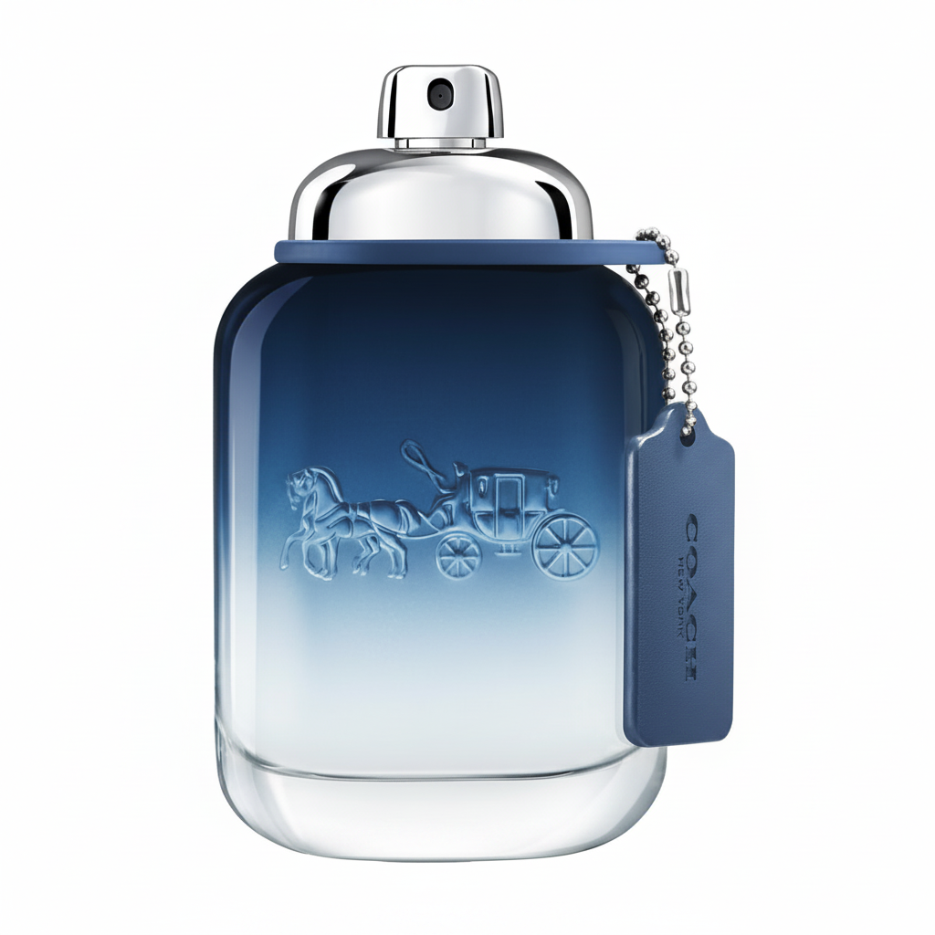 Coach Blue perfume bottle centered on a white background