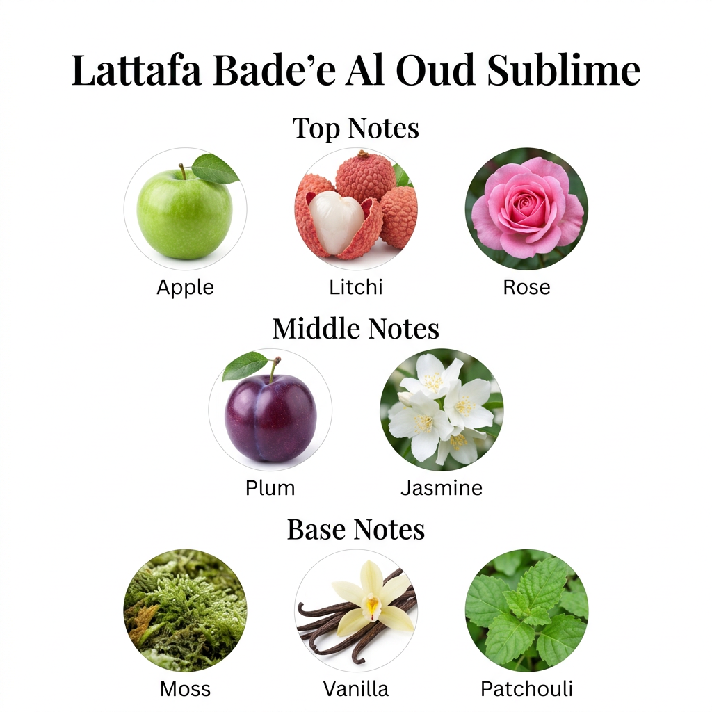 Lattafa Bade'e Al Oud Sublime notes: apple, litchi, rose, plum, jasmine, moss, vanilla and patchouli.