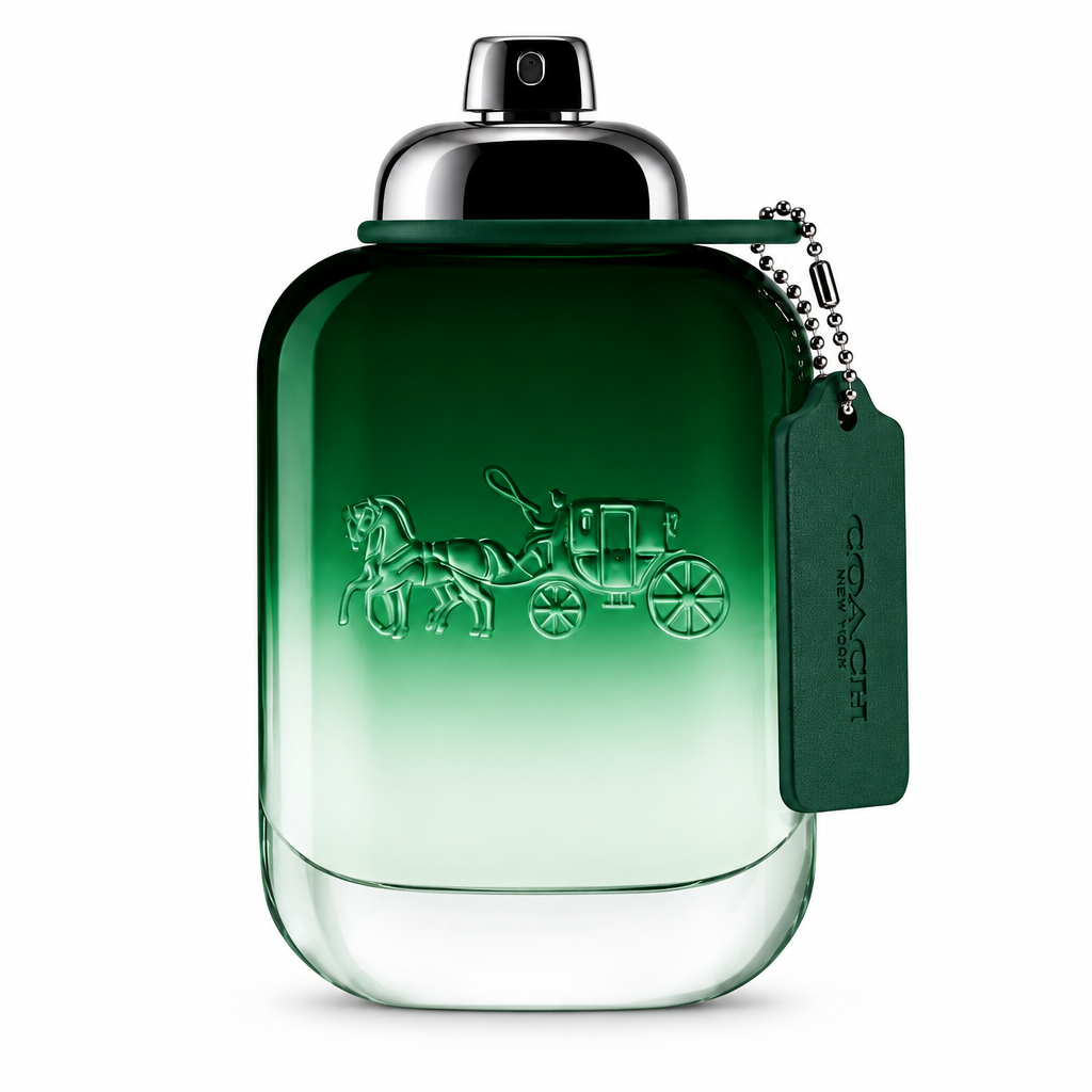 Coach New York Green green glass fragrance bottle with hanging Coach tag, closely framed on white.