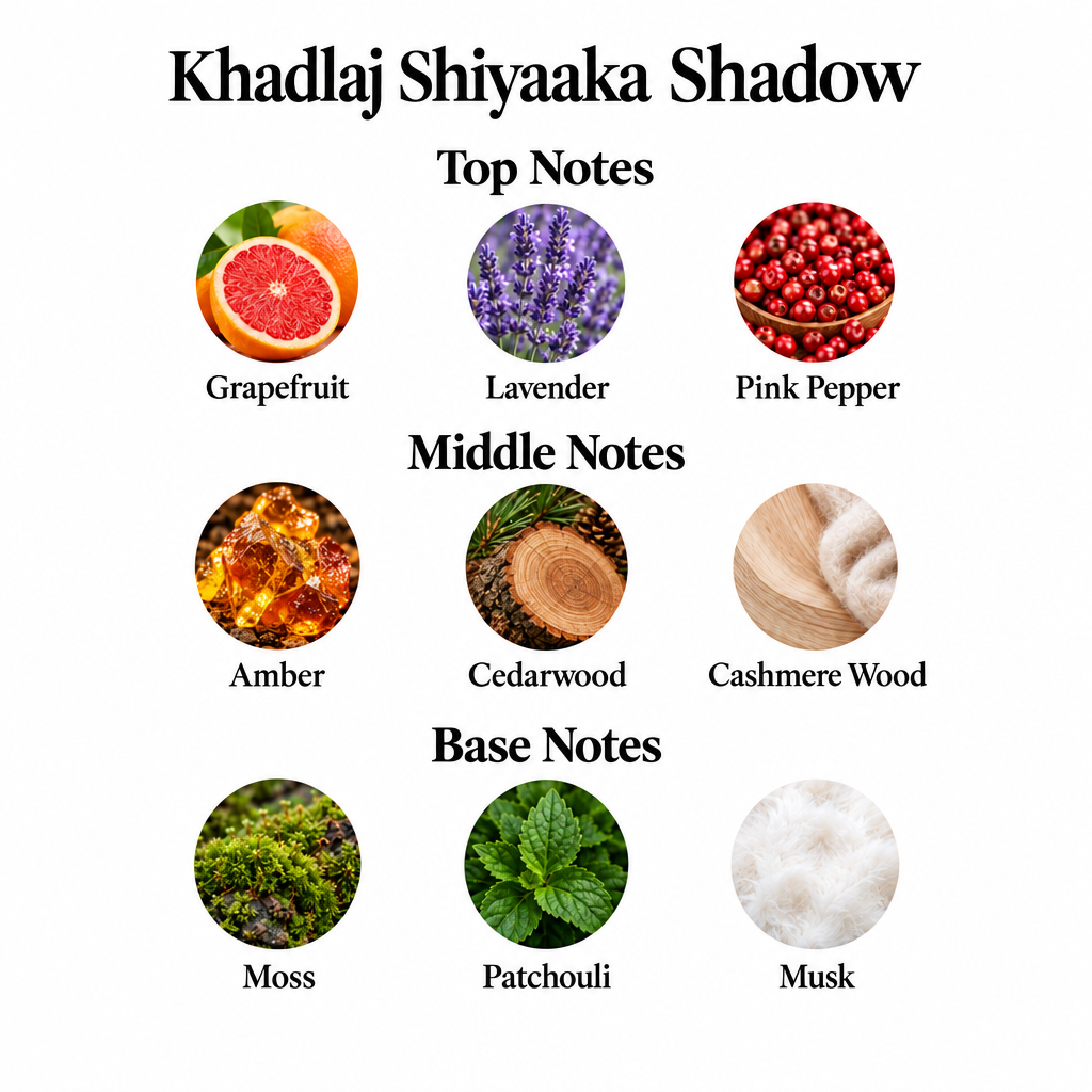 Khadlaj Shiyaaka Shadow: top grapefruit, lavender, pink pepper; middle amber, cedarwood, cashmere wood; base moss, patchouli, musk.