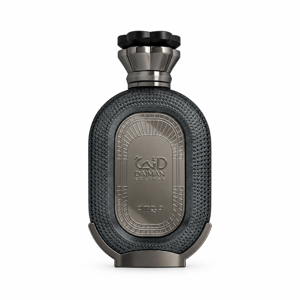 Zimaya Daiman Eclipse charcoal bottle with gunmetal plaque and sculpted cap, centered on white.