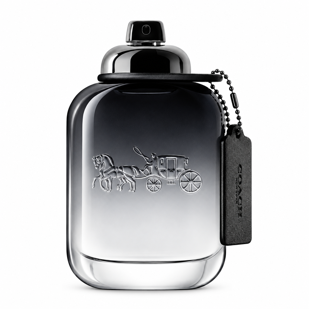 Coach New York fragrance bottle with dark-to-clear glass, embossed horse-and-carriage emblem, chain and black leather tag, centered on white.