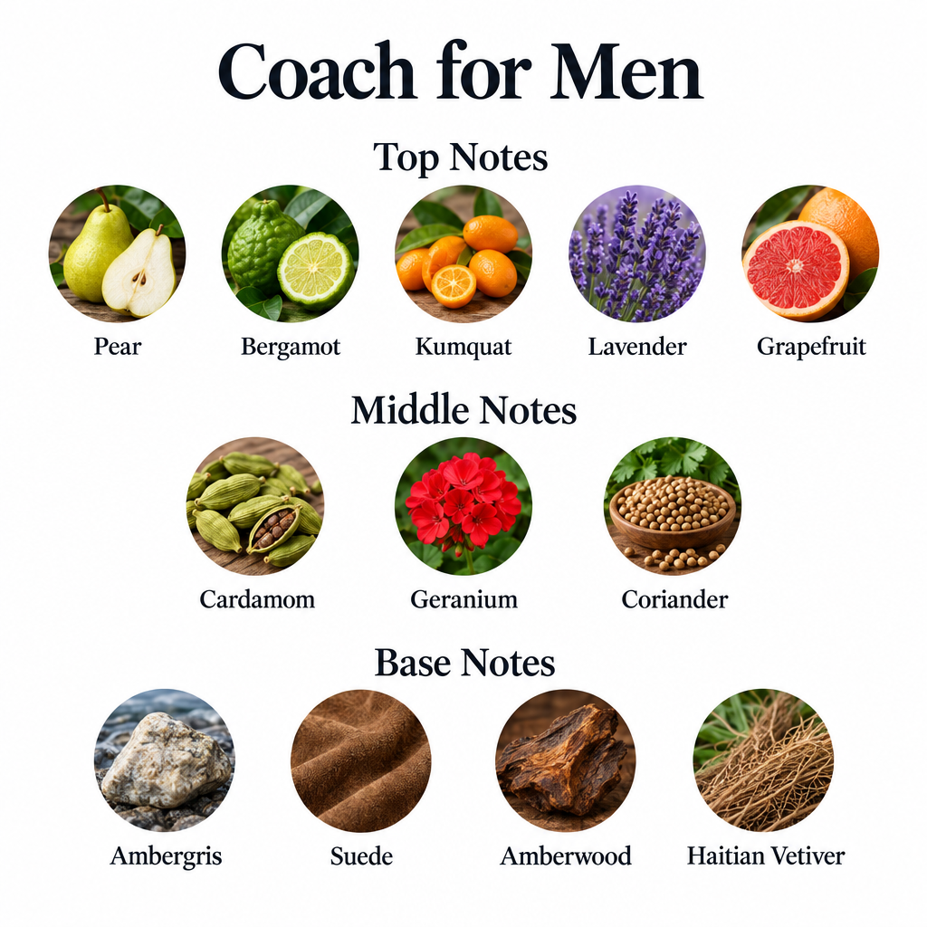Coach for Men notes: pear, bergamot, kumquat, lavender, grapefruit; cardamom, geranium, coriander; ambergris, suede, amberwood, Haitian vetiver.