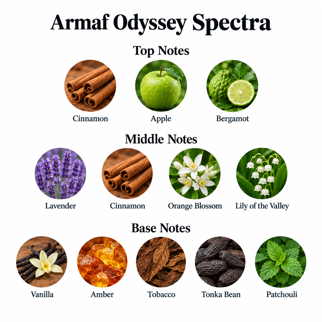 Armaf Odyssey Spectra notes: cinnamon, apple, bergamot; lavender, cinnamon, orange blossom, lily of the valley; vanilla, amber, tobacco, tonka bean, patchouli.