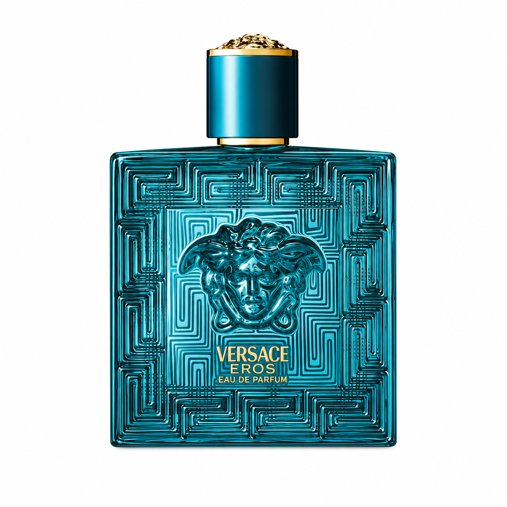 Versace Eros Eau de Parfum teal bottle with embossed Medusa and gold lettering on white.
