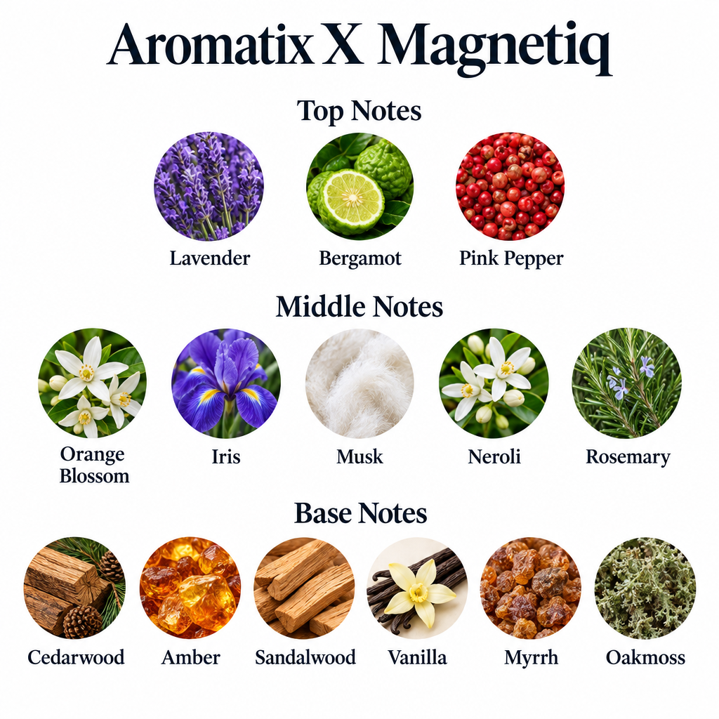 Aromatix X Magnetiq notes: lavender, bergamot, pink pepper; orange blossom, iris, musk, neroli, rosemary; cedarwood, amber, sandalwood, vanilla, myrrh, oakmoss.