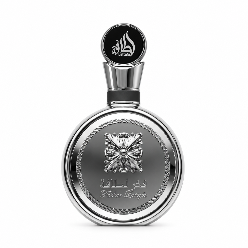 Lattafa Fakhar Platin silver round bottle centered on white.