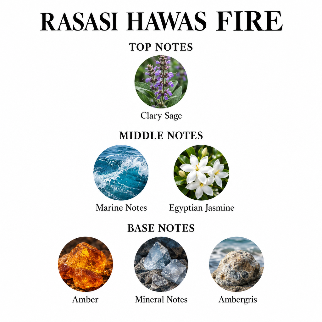 Rasasi Hawas Fire notes card: Clary Sage; Marine Notes, Egyptian Jasmine; Amber, Mineral Notes, Ambergris