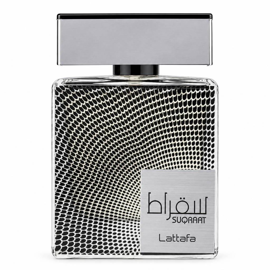 Lattafa Suqraat silver and black fragrance bottle on a white background.