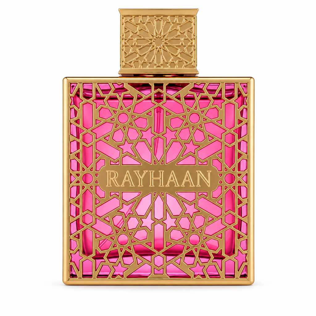 Rayhaan Kiss pink and gold fragrance bottle on a white background.