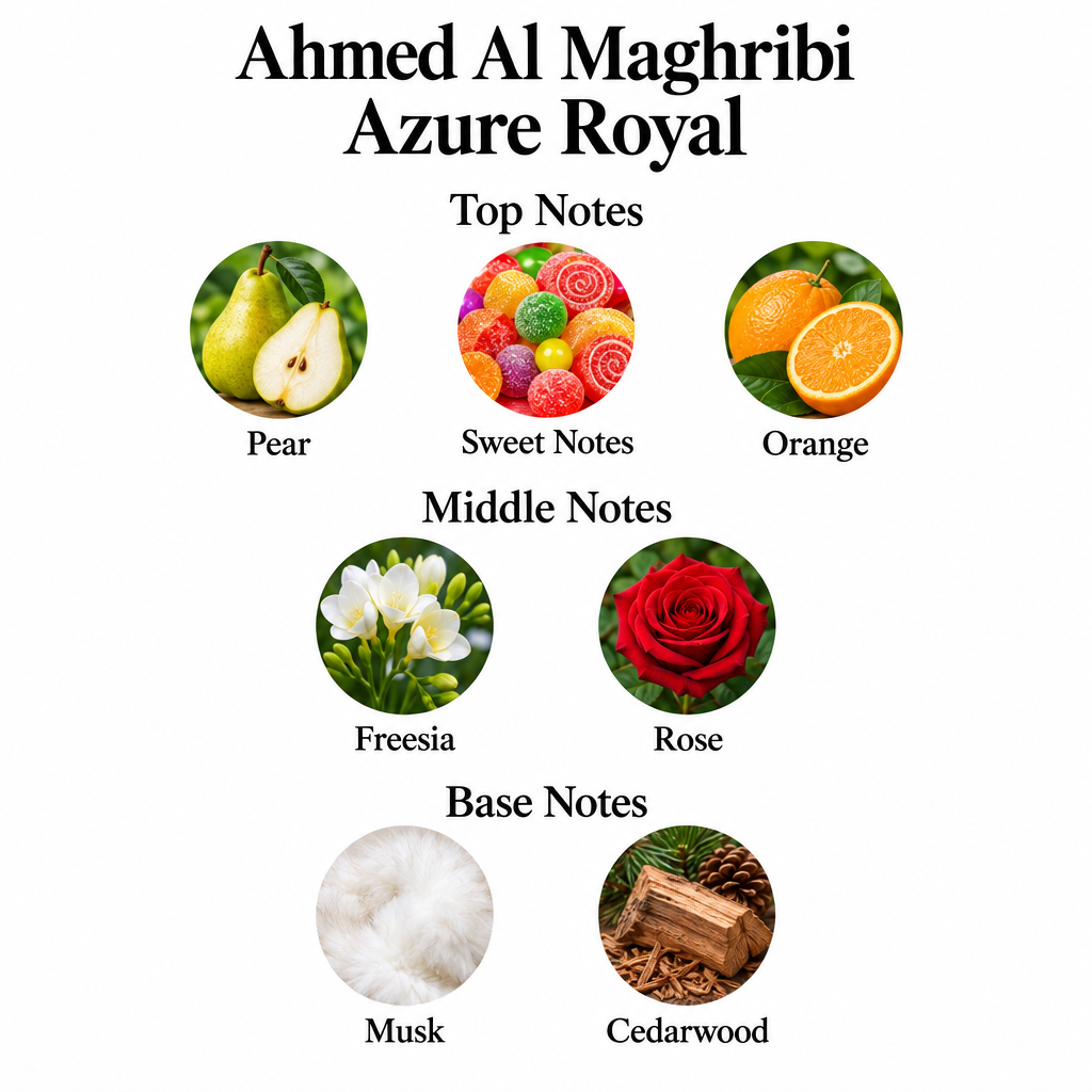 Ahmed Al Maghribi Azure Royal top, middle and base fragrance notes