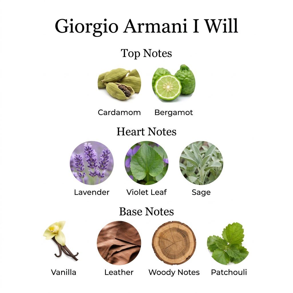 Giorgio Armani I Will fragrance notes: cardamom, bergamot, lavender, violet leaf, sage, vanilla, leather, woody notes and patchouli