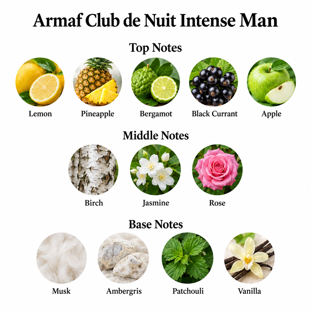 Armaf Club de Nuit Intense Man: Lemon, Pineapple, Bergamot, Black Currant, Apple; Birch, Jasmine, Rose; Musk, Ambergris, Patchouli, Vanilla.