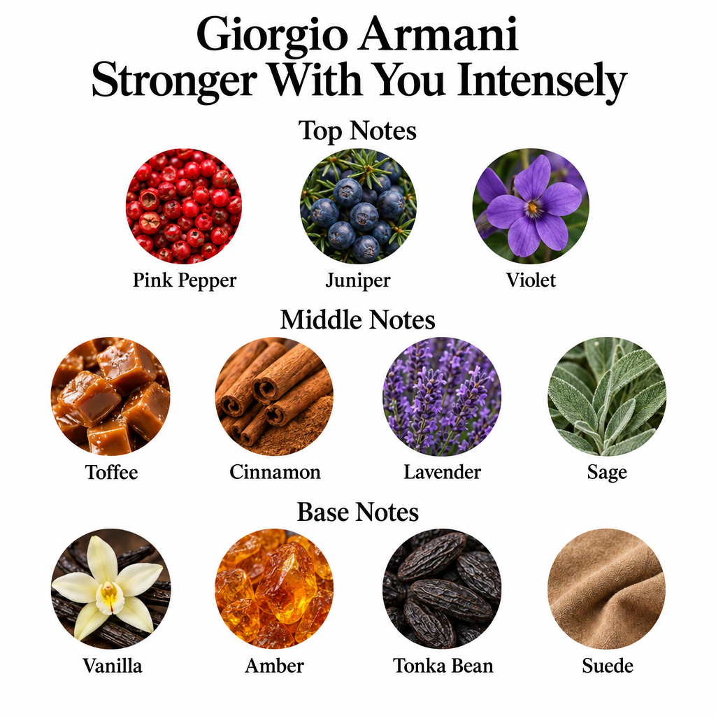 Giorgio Armani Stronger With You Intensely notes card showing all eleven top, middle, and base fragrance notes