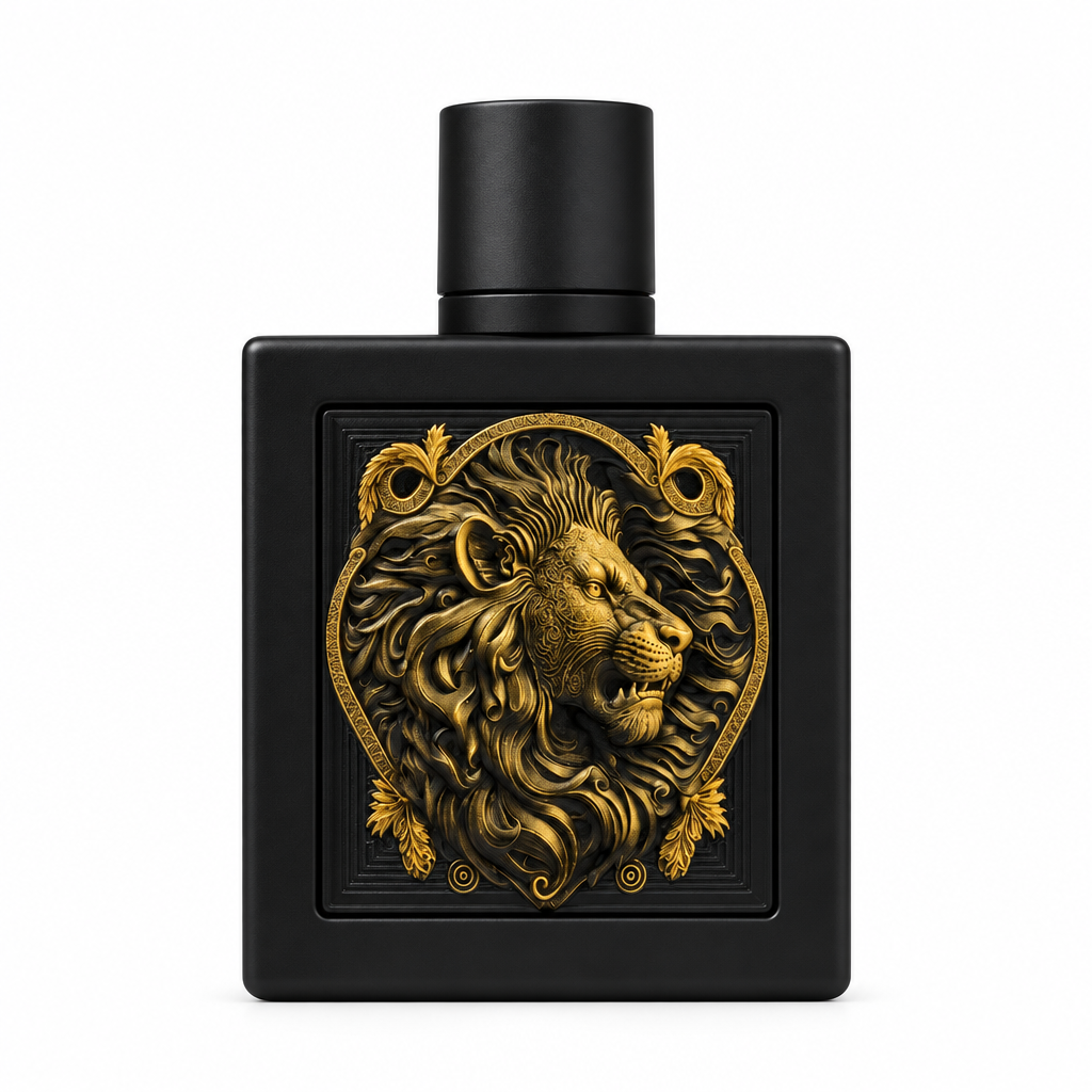 Rayhaan Lion matte black fragrance bottle with gold lion relief on a white background.
