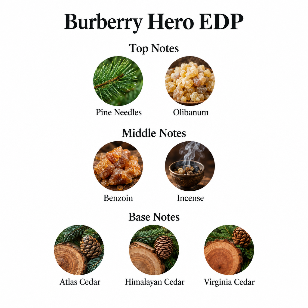 Burberry Hero EDP notes: pine needles and olibanum; benzoin and incense; Atlas cedar, Himalayan cedar, Virginia cedar.