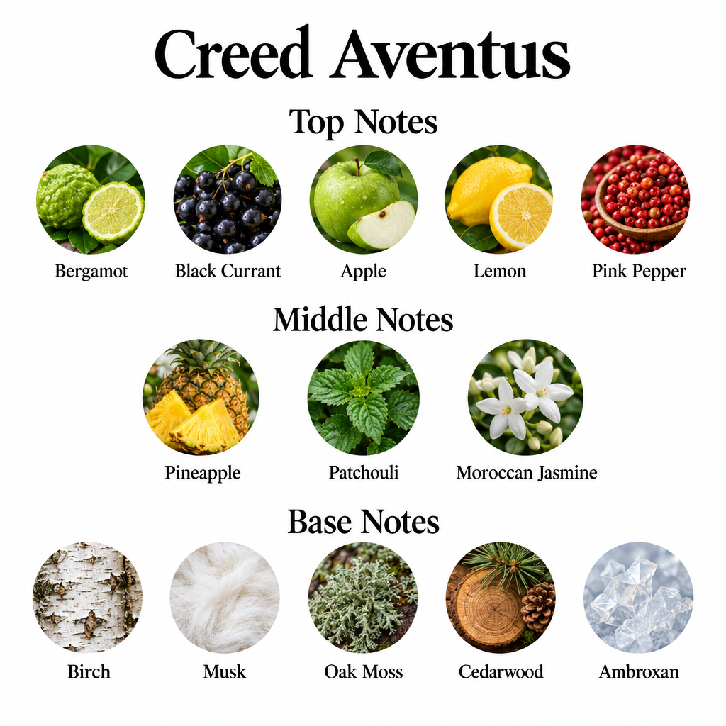 Creed Aventus notes: bergamot, black currant, apple, lemon, pink pepper; pineapple, patchouli, Moroccan jasmine; birch, musk, oak moss, cedarwood, ambroxan.