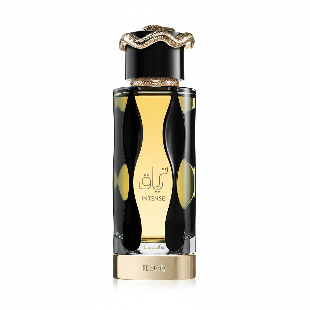 Lattafa Teriaq Intense perfume bottle centered on a white background