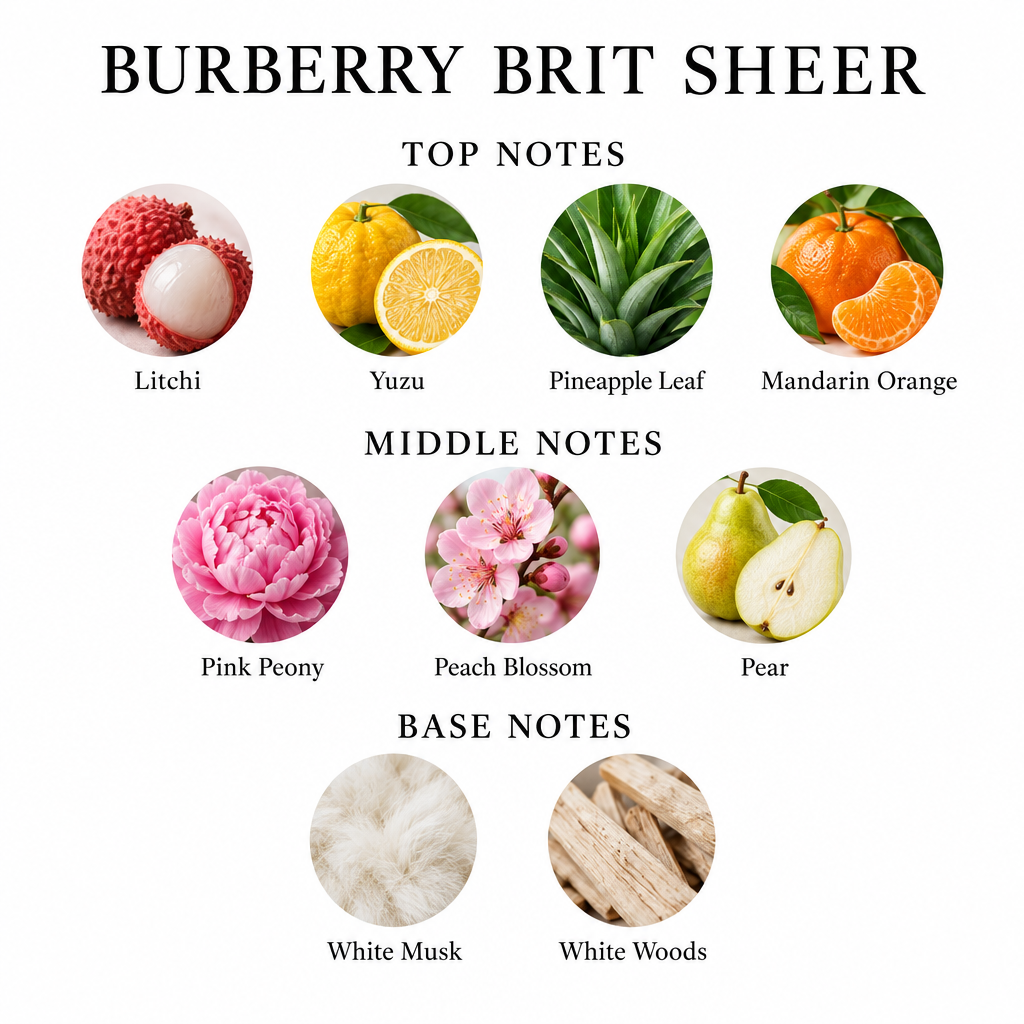 Burberry Brit Sheer fragrance notes: Litchi, Yuzu, Pineapple Leaf, Mandarin Orange; Pink Peony, Peach Blossom, Pear; White Musk, White Woods