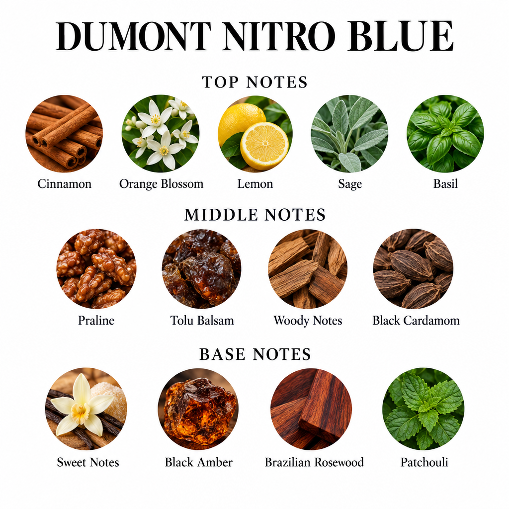 Dumont Nitro Blue notes card: Cinnamon, Orange Blossom, Lemon, Sage, Basil; Praline, Tolu Balsam, Woody Notes, Black Cardamom; Sweet Notes, Black Amber, Brazilian Rosewood, Patchouli